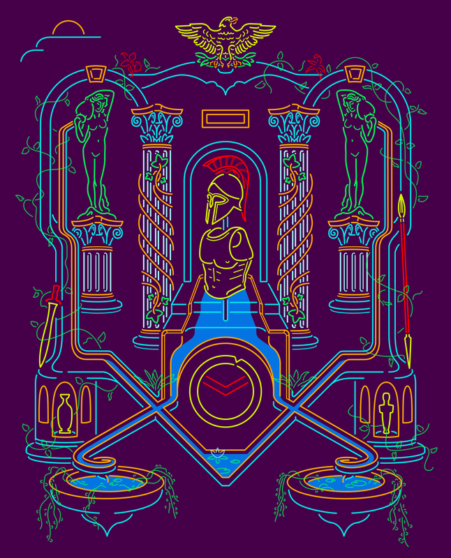 Line work, minimalist poster design with 80’s neon and bright colors. Influenced by Ancient Greece and sculpture gardens. 